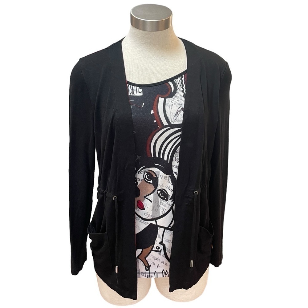 Simply Art by Dolcezza Faux Cardi Sweater Top Black Red Artsy Sz. M